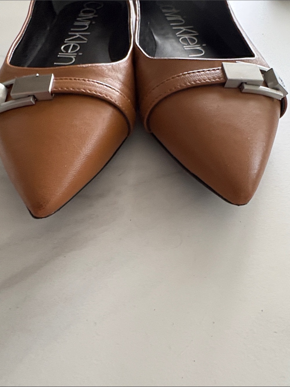 Calvin Klein Women's Cognac Pointed Toe Flats with Silver Buckle - Picture 4 of 4